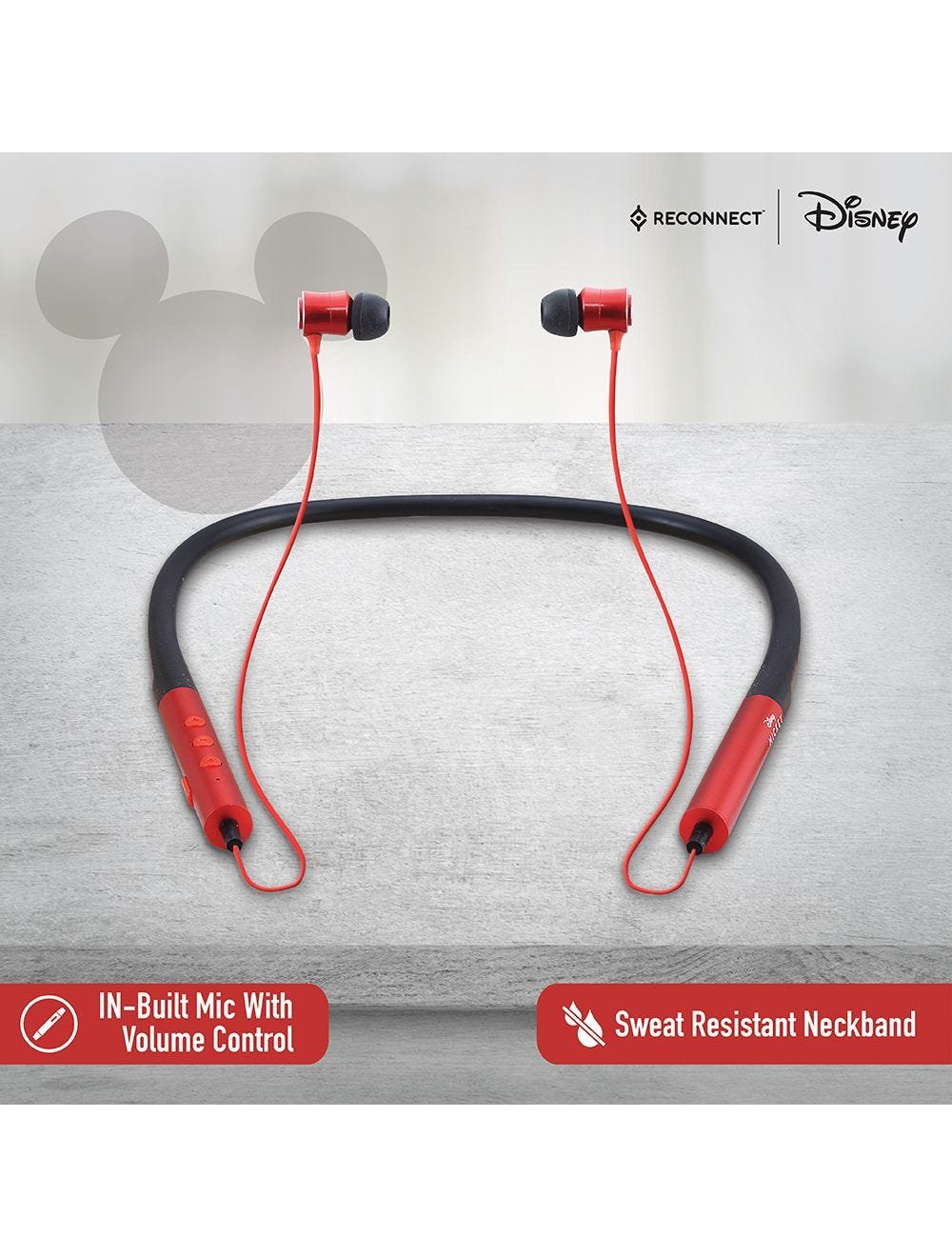 Reconnect Disney Mickey Mouse Neckband Wireless Earphone, Sweat resistant, 8hrs playtime, Bluetooth, Multipairing tech, Magnetic earbuds- DBTE301 MY