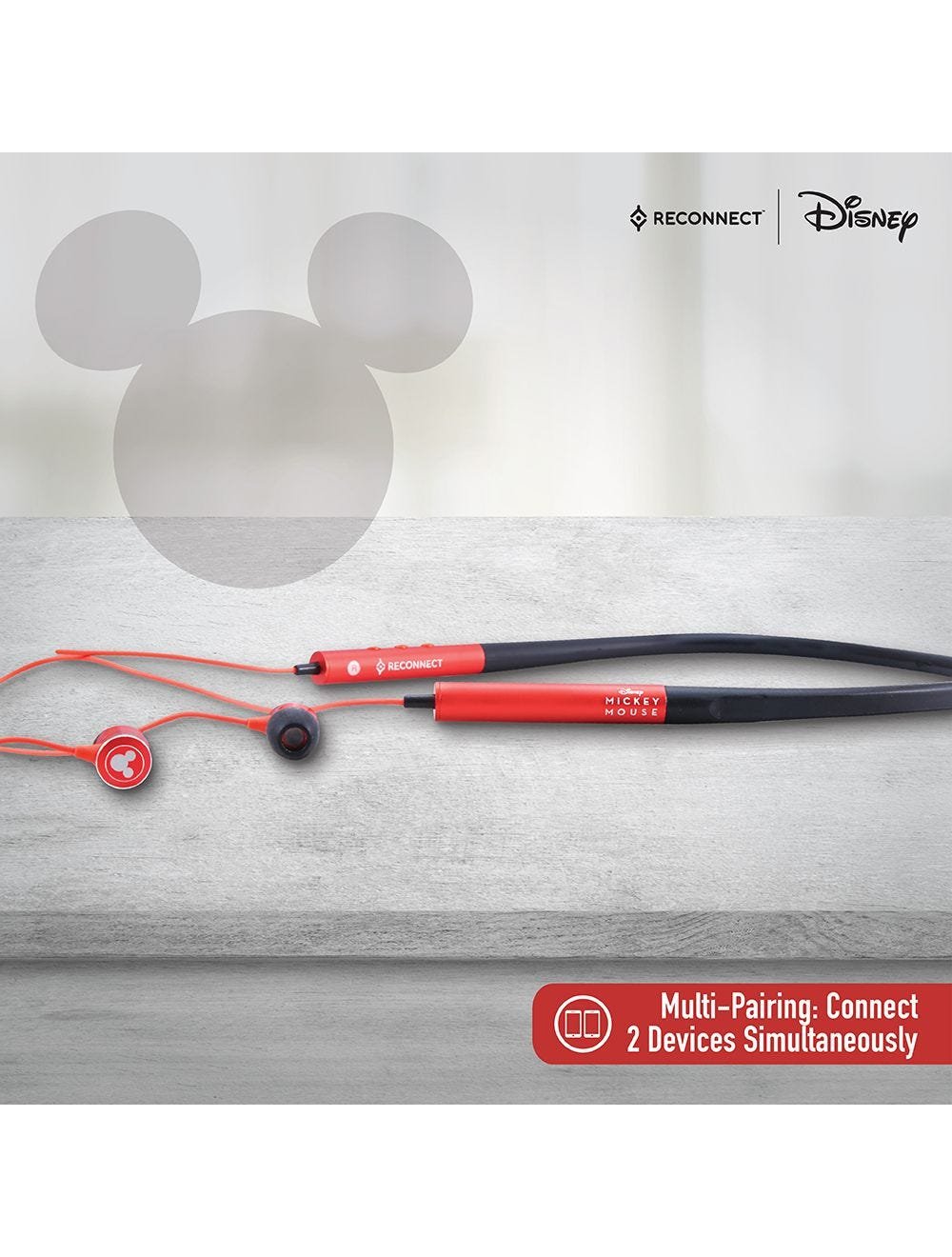 Reconnect Disney Mickey Mouse Neckband Wireless Earphone, Sweat resistant, 8hrs playtime, Bluetooth, Multipairing tech, Magnetic earbuds- DBTE301 MY - Image 2