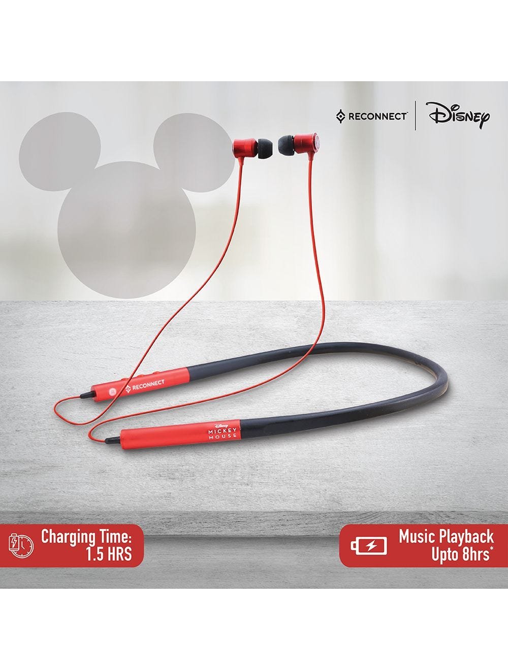 Reconnect Disney Mickey Mouse Neckband Wireless Earphone, Sweat resistant, 8hrs playtime, Bluetooth, Multipairing tech, Magnetic earbuds- DBTE301 MY - Image 3