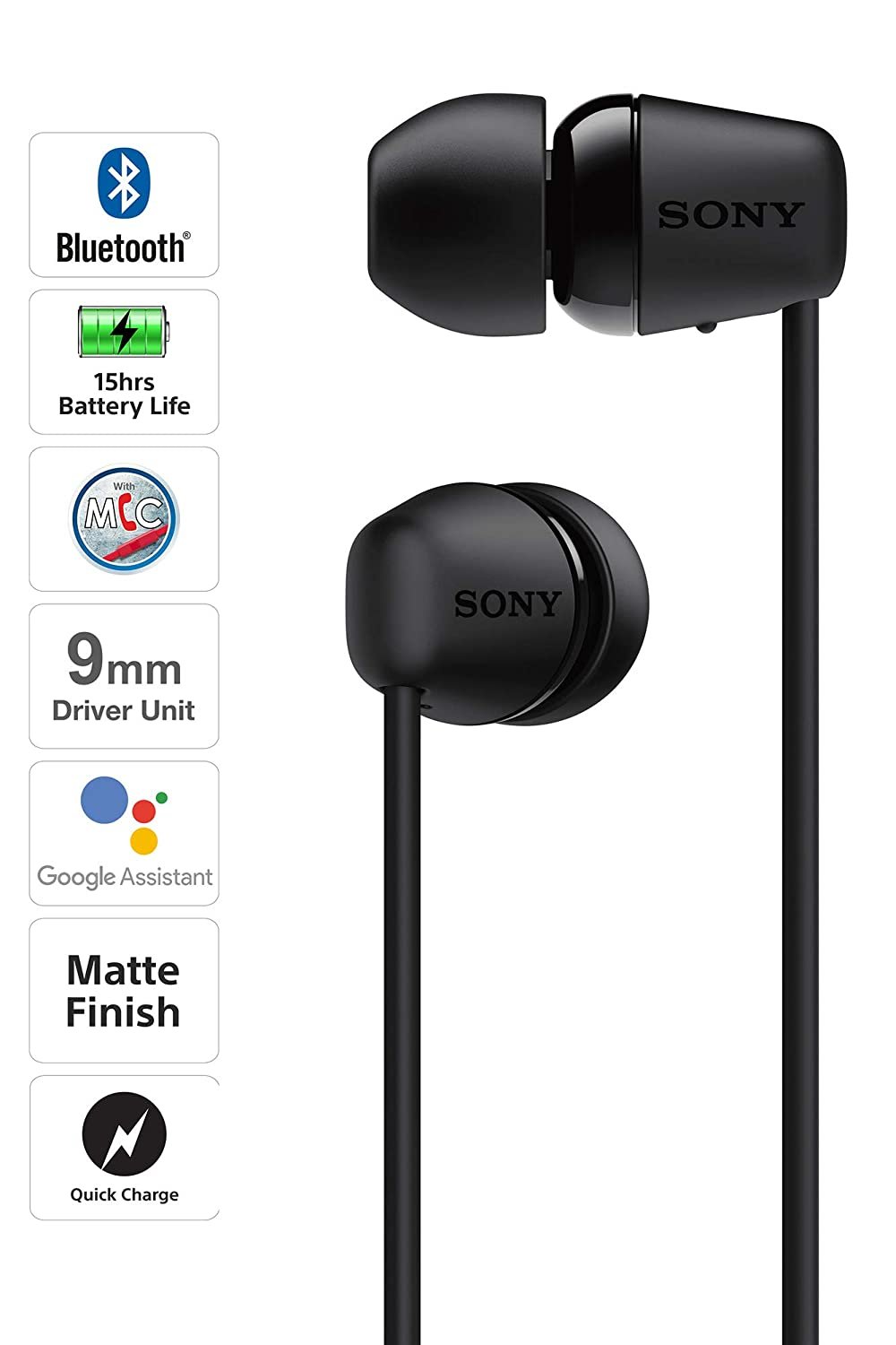 Sony WI-C200 Wireless In-Ear Headphones with 15 Hours Battery Life, Quick Charge, Magnetic Earbuds for Tangle Free Carrying, Metallic Finish, Bluetooth ver. 5.0, Headset with mic for phone calls (Black) - Image 2