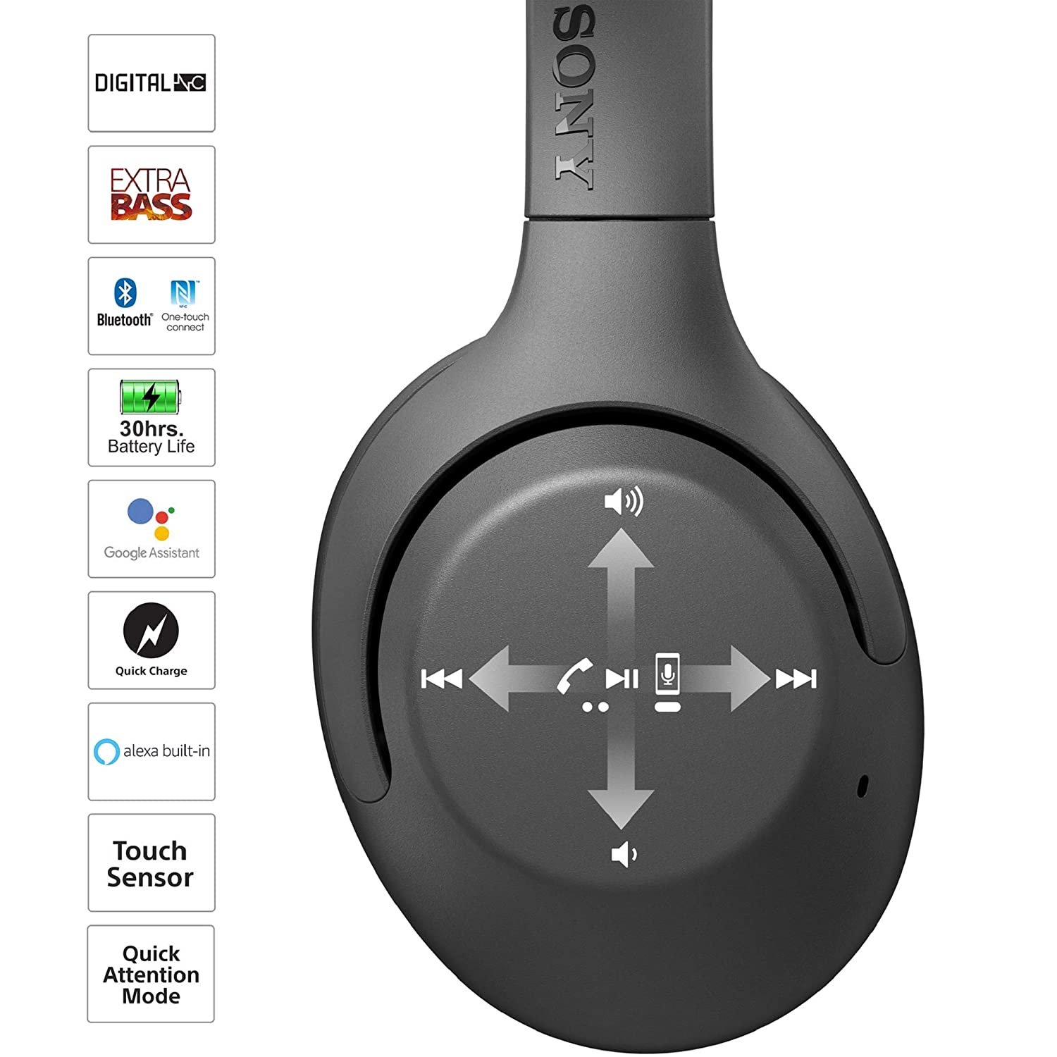 Sony WH-XB900N Wireless Bluetooth Noise Cancelling Extra Bass Headphones with 30 Hours Battery Life, Touch Control, Quick Attention Mode, Headset with mic for Phone Calls with Alexa - (Black) - Image 2
