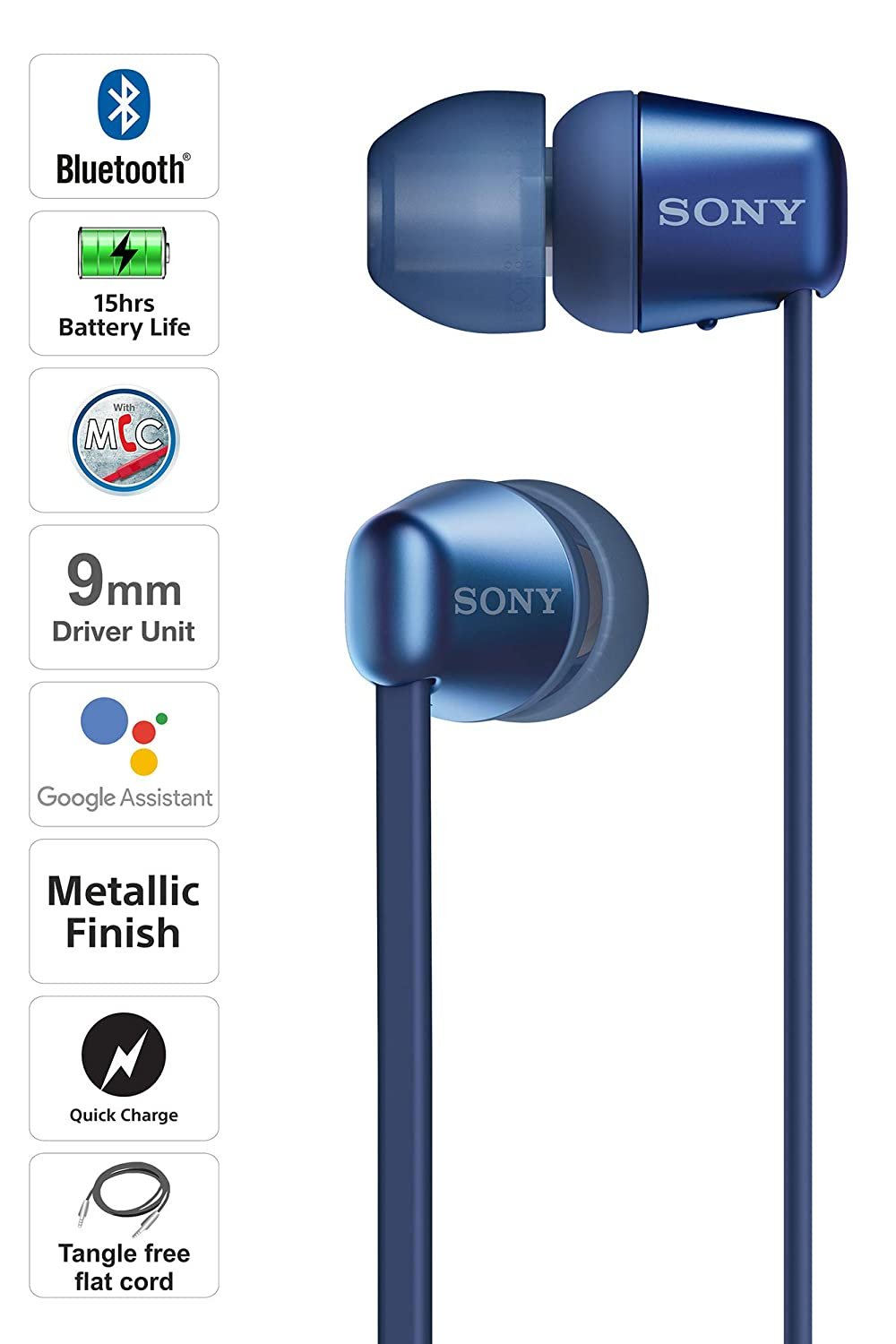 Sony WI-C310 Wireless in-Ear Headphones with 15 Hours Battery Life, Quick Charge, Magnetic Earbuds, Tangle Free Cord, Matt Finish, Bluetooth Ver 5.0, Headset with mic for Phone Calls - (Blue) - Image 2