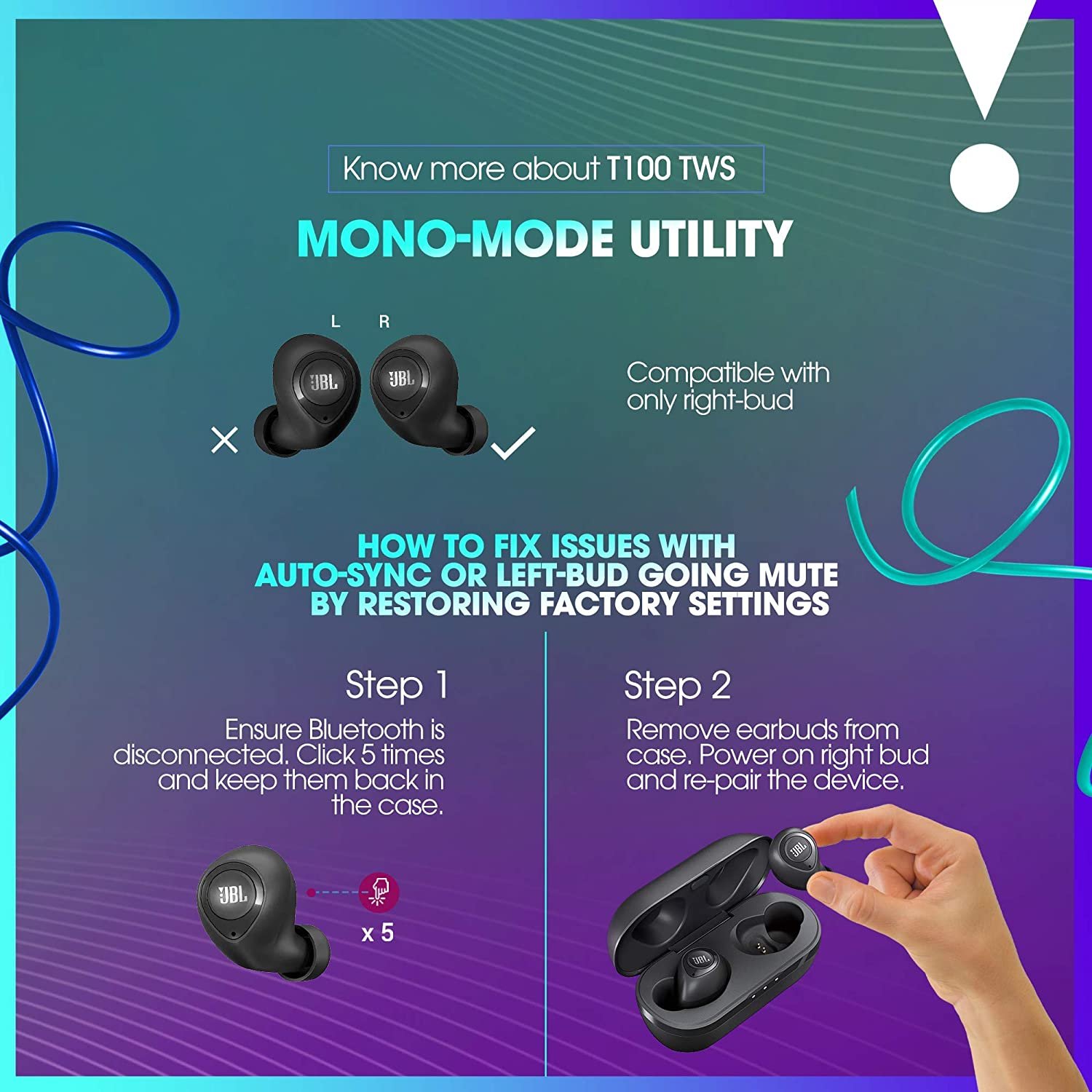 JBL T100TWS True Wireless Bluetooth Earphone with Mic, Black - Image 2