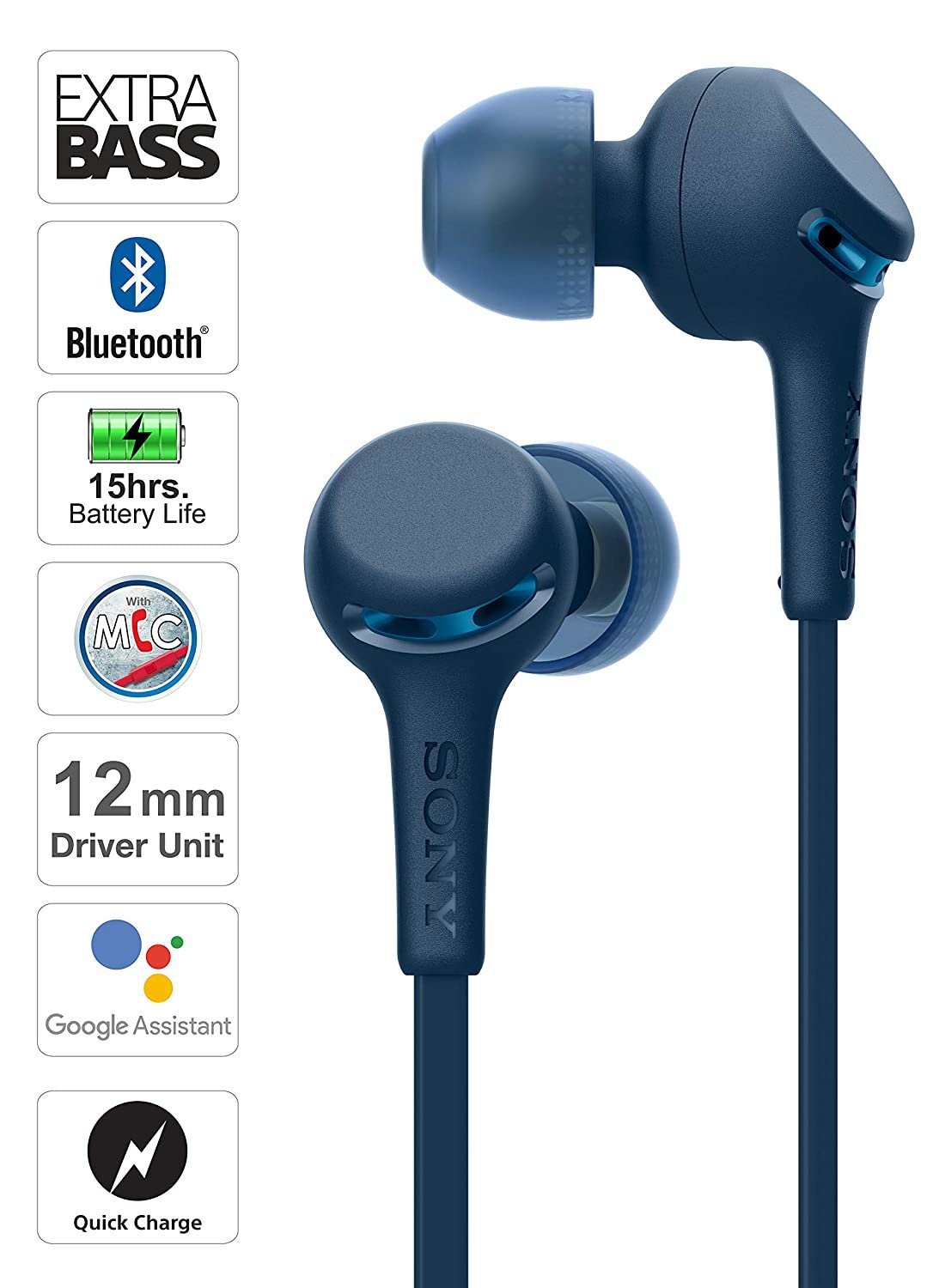 Sony WI-XB400 Wireless Extra Bass in-Ear Headphones with 15 Hours Battery Life, Quick Charge, Magnetic Earbuds, Tangle Free Cord, Bluetooth Ver 5.0, Headset with Mic for Phone Calls - (Blue) - Image 2