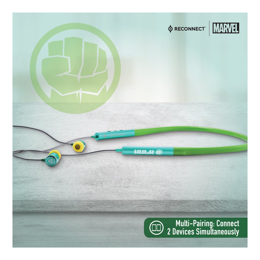Reconnect Marvel Hulk Neckband Wireless Earphone, Sweat resistant, 8hrs playtime, Bluetooth, Multipairing tech, Magnetic earbuds- DBTE301 HK - Image 2