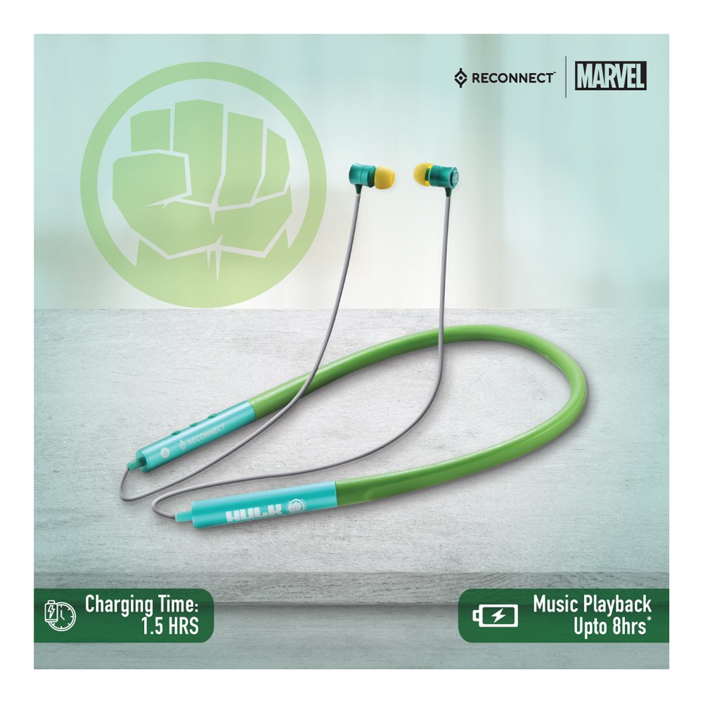 Reconnect Marvel Hulk Neckband Wireless Earphone, Sweat resistant, 8hrs playtime, Bluetooth, Multipairing tech, Magnetic earbuds- DBTE301 HK - Image 4