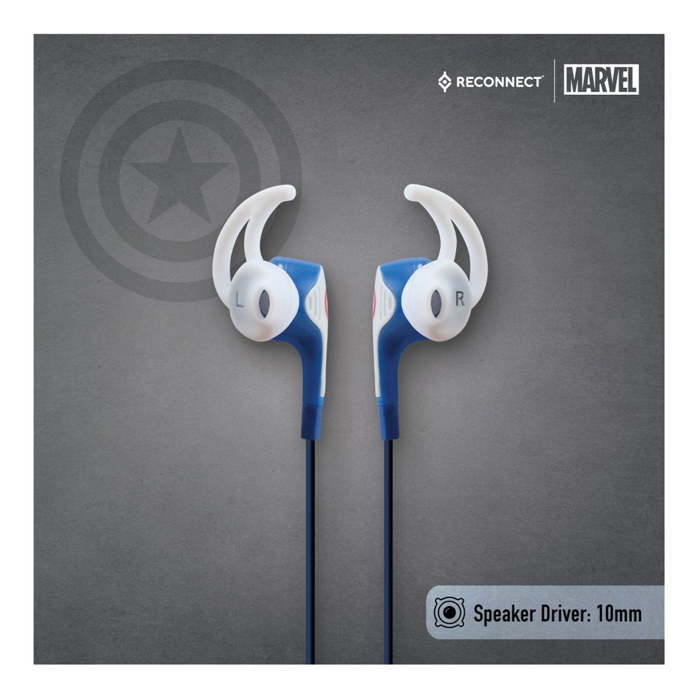 Reconnect Marvel Captain America Premium sporty design Wired Earphone, Gold plated 3.5mm jack, 1.2m long cable, Siri/Alexa/GoogleOk compatible,Personal Accessories - DWE501 CA